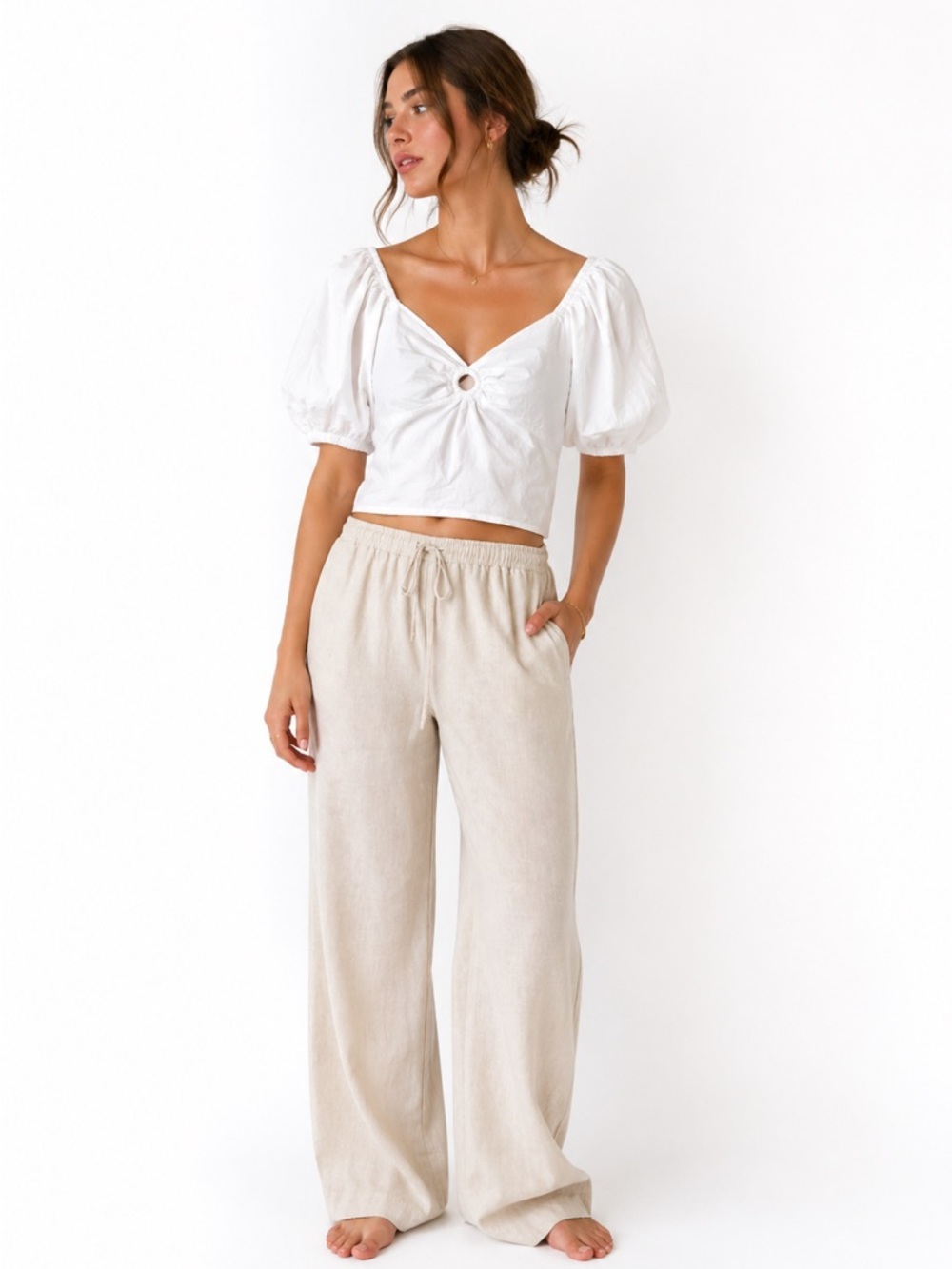 Sim‎ & Sam White Puff Sleeve Crop Top NWT Size M Cottagecore Blouse